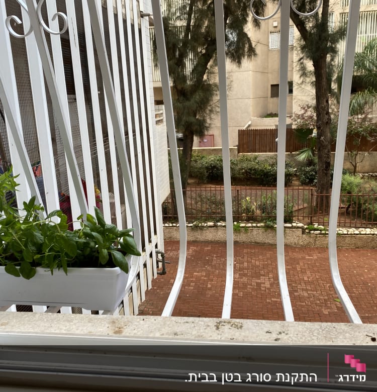 סורגי מתכת לבנים עם עציץ ירוק תלוי